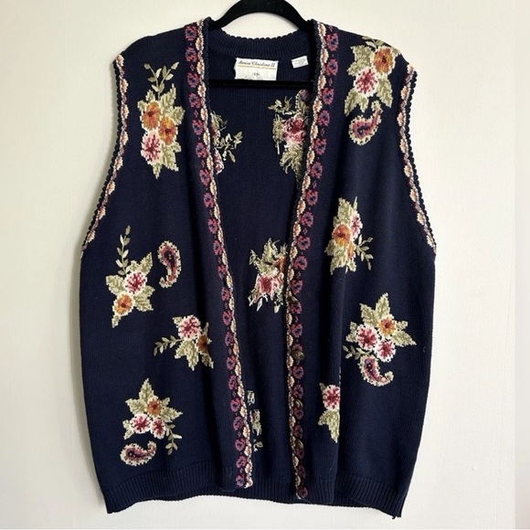 VINTAGE 90S MARISA CHRISTINA Floral Chunky Knit Button Up Sweater Vest Granny 1X - Picture 3 of 12